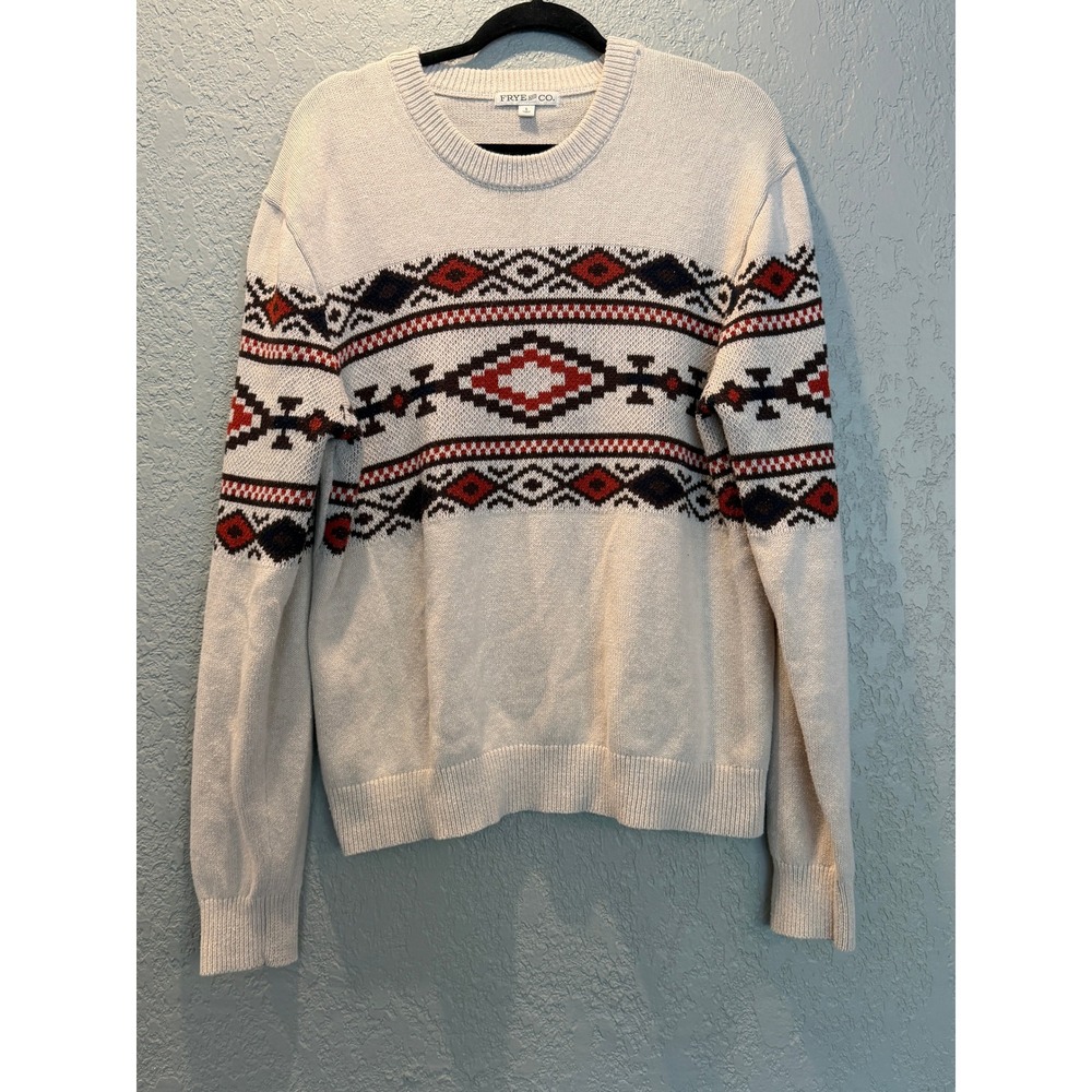 Frye and Co. Cream Red Aztec Pattern‎ Crew Neck Long Sleeve Knit Sweater